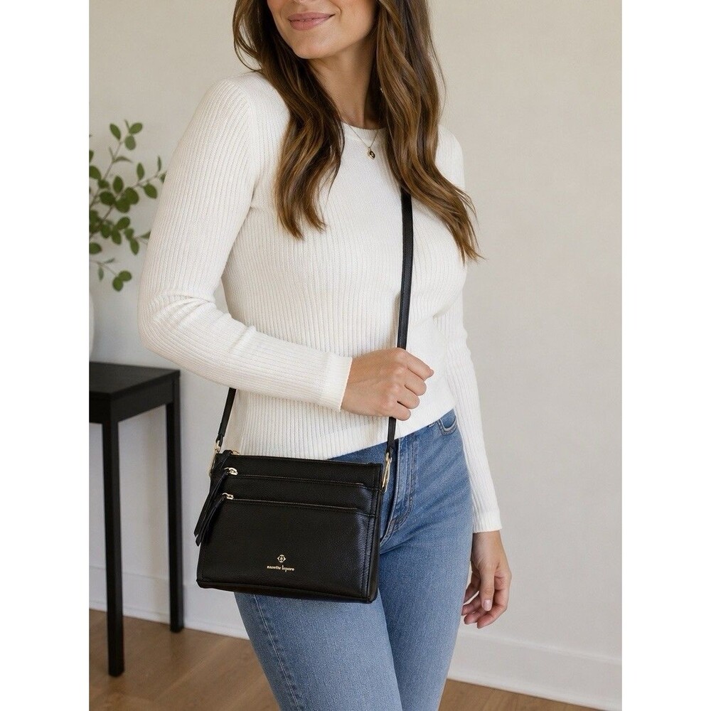 Nanette Lepore Brooke Black Vegan Crossbody Handbag Triple Zip Section Bag